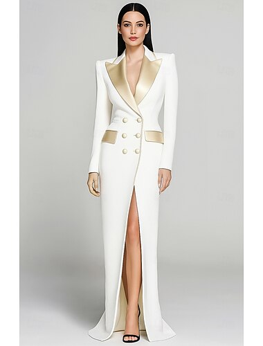  Dames Smokingjurk Strak kolom Bruiloft Formeel Bruiloft gast Satijn 4-way stretchstof Elegant Smoking glinsterende Lange mouw Tot de grond Punt Dubbele rij knopen