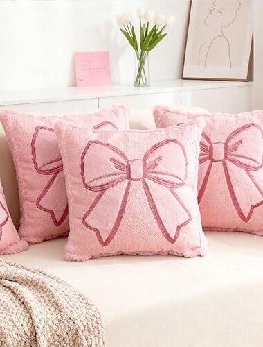  Kissenbezug mit rosa Schleife, 2D-Flachdruck, Plüsch-Dekokissen für Sofa, Wohnzimmer, Valentinstag, weich und bequem, ideal als Dekokissen für Bett oder Couch.