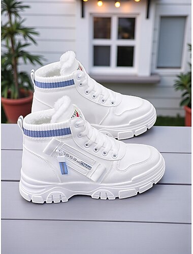  Zapatillas blancas de caña alta para mujer, cálidas y con forro de piel sintética. Calzado de invierno moderno con suela gruesa, ideal para un look casual al aire libre.