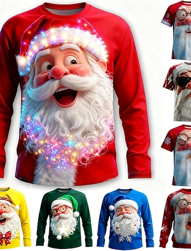  Jul Herre julenissen Morsom T skjorte Langermet T skjorte 3D-utskrift Crew-hals Skjorte Mote Grunnleggende 3D Avslappet Daglig Gate Blå Gul Rød Sommer Vår Klær S M L XL XXL XXXL