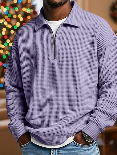  Homme Chemises Polo Gaufre Polo quart de zip Extérieur Décontracté Zip quart manche longue Mode Moderne Couleur Unie Texturé Tricoté Printemps & Automne Toutes saisons Coupe Ample Noir Blanche bleu