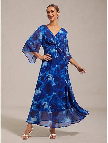  Φόρεμα μάξι με αφηρημένο φλοράλ ντεκολτέ και φαρδιά μανίκια μπροστά, με V λαιμόκοψη