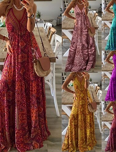  Mulheres Vestido Longo Vestido Maxi Vestido casual Vestido floral Vestido de decote Vestido estampado Elegante Moda Moderno Diário Férias Para Noite Normal Floral Geométrica Sem Manga Decote V