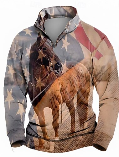  Homens American US Flag Cowboy Moletom Étnico Vintage retrô Colarinho Chinês Ao ar livre Trabalho Presente Azul Roxo cáqui Zíper Outono Inverno Designer S M L XL XXL XXXL