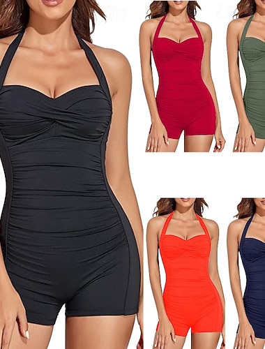  Damen Einteiler Badeanzug Figur formende Raffung Badeanzug mit Shorts Monokini Halter Bauchkontrolle Hohe Taille Schlank Rückenfrei Urlaub Strandbekleidung Einfarbige Halterneck Ärmellose Bademode