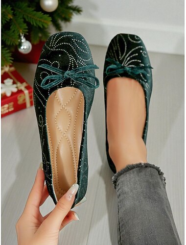  ballerine da donna in velluto verde scuro con fiocco e decorazioni in strass: scarpe natalizie eleganti per feste, regali ed eventi invernali