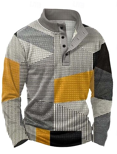  Herren Geometrisch Karomuster Waffel Pullover Täglich Klassisch Lässig Stehkragen Outdoor Heim Arbeit Geschenk Blau Meerblau Gelb Orange Knöpfe Herbst Winter Designer S M L XL XXL XXXL