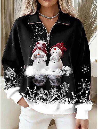 女性用 プルオーバースウェットシャツ 雪だるま スノーフレーク柄 カジュアル 長袖 ハーフジッパー レギュラートップス 日常着 カジュアル 祝日 パッチワーク ホワイト ゴールデン ルビーレッド 秋 冬