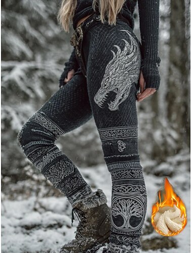 Női Viking Boho Bélelt Leggings Nyaralás Vintage Etnikai Stílus Hosszú Közép Derék Rugalmas Kültéri Fekete Ősz Tél Slim Fit