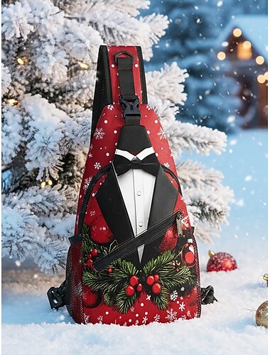  Weihnachts-Umhängetasche für Herren – Polyester, verschiedene Muster mit Smoking- und Weihnachtsmotiven, perfekt für legere und festliche Anlässe