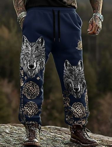  Herren Wolf Wikinger Keltische Kunst Hosen Hose Freizeithose Mittlere Taille Kordelzug Elastischer Bund Vintage-Retro Outdoor Campen und Wandern Jagd Gerade Hosen Frühling Herbst 3D-Druck Schwarz