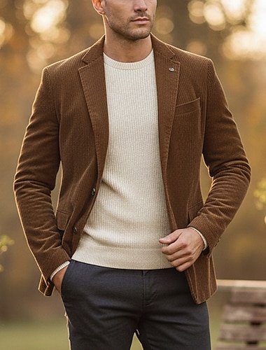  בגדי ריקוד גברים ז'קט קורדרוי צווארון חריץ וינטאג' קלסי חוץ אחיד Blazer פול שחור חאקי גזרה מחוייטת כפתורי שני כפתורים חד חזה