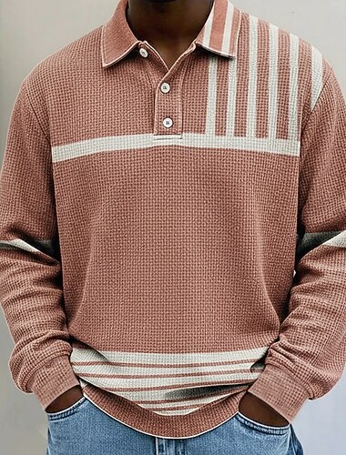  Herre Horisontale strimler Vaffel poloskjorter Rugby Polo Med Tekstur Langærmet Polo skjorter Knaphul Sportstøj Afslappet Skole atletiktøj Dagligdagstøj 3D-udskrivning Forår Efterår Vinter Sort Rød