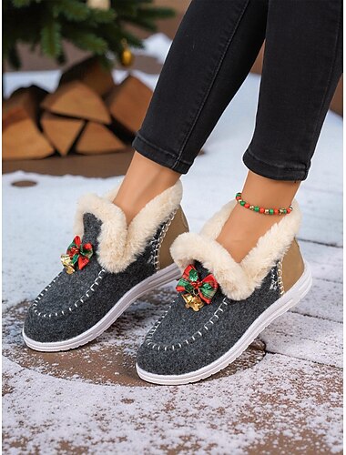  Pantofi de iarnă pentru femei, din blană plușată, călduroase, de Crăciun – cu fundă drăguță și clopoțel, ideali pentru confort în casă, pentru schimbul de cadouri în diminețile de sărbători și pentru ținute de iarnă