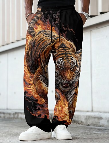  Voor heren dier Tijger Vlam Joggingbroeken Broek Vrijetijdsbroek Medium Taille Vintage Retro Buiten Jagen Training Elastische tailleband met trekkoord Rechte broek met zakken Lente Herfst 3D-afdrukken