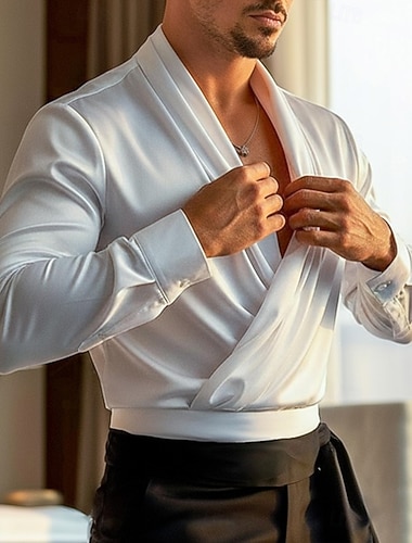  Per uomo Camicia Come la seta Camicia in raso Camicia elegante Camicia casual Camicia da Ballo Semplice Formale Matrimonio Nero Bianco Manica Lunga Scollo a V Tutte le stagioni Abbigliamento