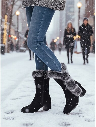  Ghete de damă negre din piele întoarsă, cu căptușeală din blană - toc gros bloc cu garnitură din blană artificială, elegante și confortabile pentru iarnă, casual și outdoor