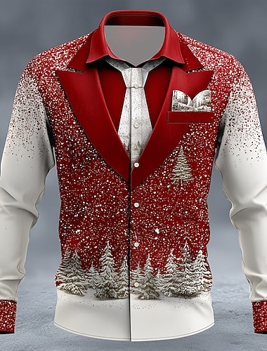  Noël Homme Costume de Noël Conception de faux col et de costume Costume cravate chemise de smoking imprimée Chemise Chemise Boutonnée manche longue Drôle Extérieur Fête Printemps Automne Col Rabattu