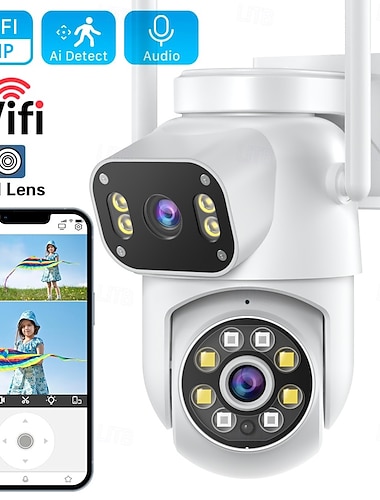  Câmera de vigilância externa com panorâmica e inclinação de 360°, Wi-Fi, 4MP, Full HD, áudio e vídeo, com alarmes. &Detecção de movimento por luz, visão noturna com classificação IP66, zoom de 10x,