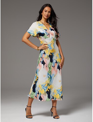  レディース サテン マキシ ドレス アブストラクト ブラシ プリント マーメイド ヘム ドルマンスリーブ エレガント カジュアル バケーション 春 夏