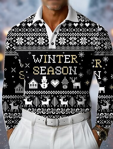  عيد الميلاد المجيد رجالي ندفة ثلجية قمصان بولو الوافل كم طويل قمصان البولو قميص بياقة كاجوال الأماكن المفتوحة مناسب للبس اليومي ملابس المهرجان Buttons الربيع الخريف الشتاء أسود أحمر