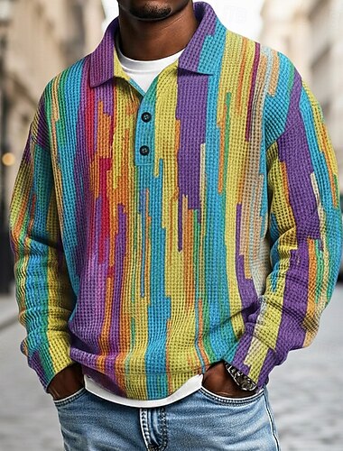  男性用 水平ストリップ ポロ ラグビーポロ テクスチャード加工 長袖 ポロシャツ ラペル スポーツウェア カジュアル 学校 アスレイジャー デイリーウェア 3Dプリント 春 秋 冬 ブルー オレンジ レインボー