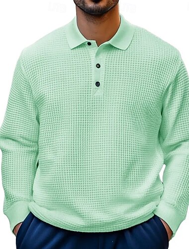  Herr Våffelpikétröjor Ledigt Helgdag Kavajslag Långärmad Grundläggande Modern Slät Strukturerad Knappar Vår Höst Blå Mörkgrått Vit Purpur Marinblå Mintgrön Våffelpikétröjor