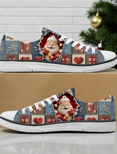  Sneakers da donna in tela con stampa di Babbo Natale - graziose scarpe casual con lacci e suola in gomma comoda per le gite invernali, le feste di Natale, i regali e l'uso quotidiano
