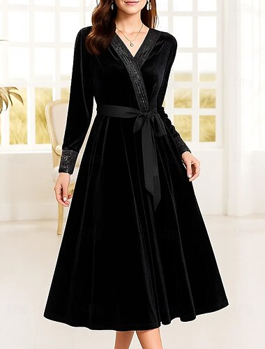  Ligne A Longueur thé Robe de Soirée Robe de Cocktail manche longue Col en V Élégant ancien Luxueux Spandex Velours Polyester Robe de Mère de Mariée  avec Perlage