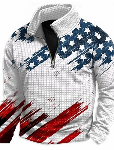  男性用 アメリカの米国旗 スウェットシャツ ファッション 日常 クラシック カジュアル スタンド クォータージップ アウトドア 家 オフィス ワーク ホワイト 白2 ジッパーを閉める 秋 冬 デザイナー S M L XL XXL XXXL
