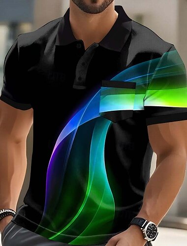  Herre Abstrakt Geometrisk Polo Kortermet Poloskjorter Skjorter med krage Business Casual utendørs treningsklær Dagligdagstøy 3D-utskrift Knapper Sommer Svart 3 Svart 1 Svart 2