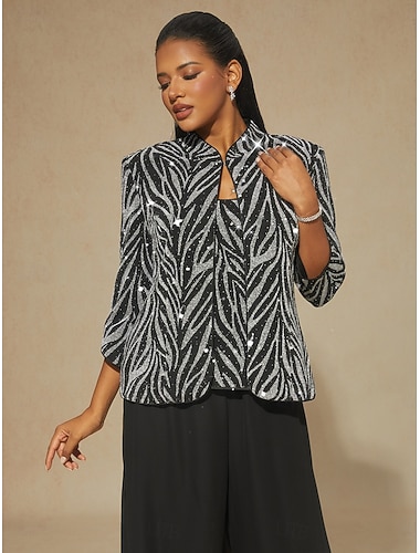  Damen Elegante Oberteile Twinset Pailletten Strass Tiermotiv Leopard Elegant Party Damen Dreiviertelarm Mandarinkragen Normale Oberteile Abendgesellschaft Party-Abendmode Party-Outfits Silber