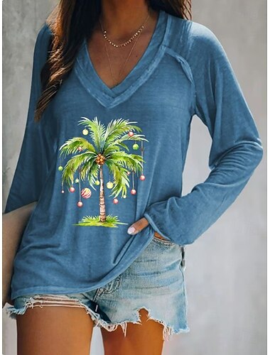 Jul Dame T skjorte Grafisk Juletre Elegant Årgang Stilfull Langermet V-hals Vanlige topper Daglig Ut på byen Helg Trykt mønster Svart Hvit Rosa Rød Blå Sommer Vår Høst Vinter