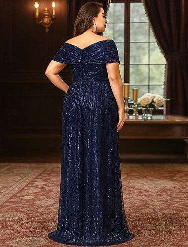  A-linje Golvlång Formell klädsel Aftonklänning Kortärmad V-hals Elegant Vintage Plusstorlek Polyester Klänning till brudens mor med Plisserat Paljett