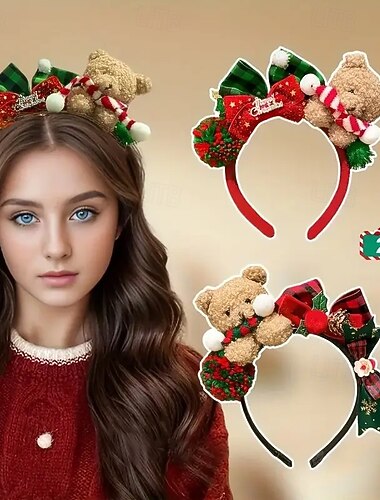  1/2 stk. juleplysjbjørnpannebånd til kvinner, søte sløyfedekorasjoner med teddyhårbånd, røde/grønne hårtilbehør til julefest, fotorekvisitter, festivalkostymer