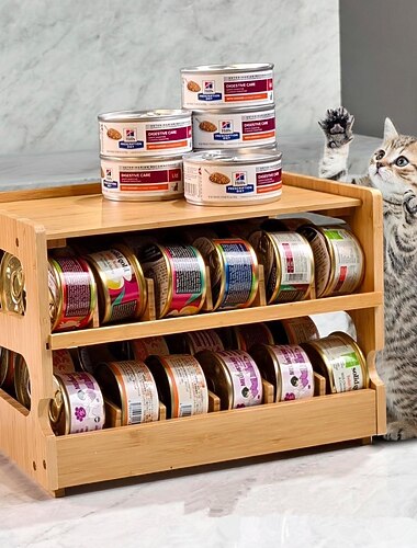  Krabice na krmivo pro kočky, vhodná do skladovacích prostor, dvoupatrová stohovatelná dřevěná nádoba, vhodná do lednic, skříní a kuchyní, pojme až 36 nádob na krmivo pro lidi a domácí mazlíčky