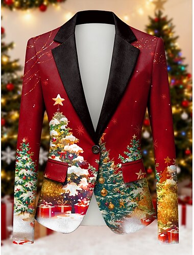  חליפות נשים חג המולד נוחות כיס אלגנטי אופנתי מודרני עץ חג המולד חוץ עבודה יומי רגיל דש חריץ דק שרוולים ארוכים ביגוד חיצוני אדום זהב ירוק סתיו חורף