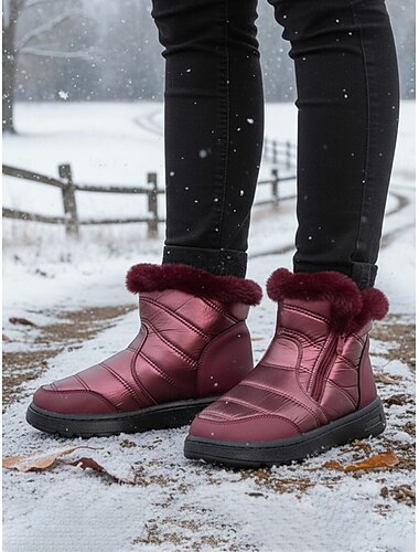  női bordó téli hótaposó – vízálló, meleg, szőrmével bélelt rövid csizma, csúszásgátló kültéri lábbeli hideg időjáráshoz és utazáshoz