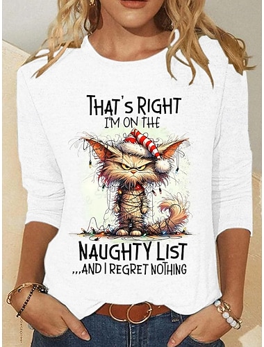  חג המולד בגדי ריקוד נשים חולצה קצרה גראפי חיה חתול וינטאג' אופנתי מסוגנן שרוול ארוך צווארון עגול קצר צווארון עגול חולצות רגילות יומי סוף שבוע דפוס פול שחור לבן צהוב ורוד מסמיק סתיו חורף