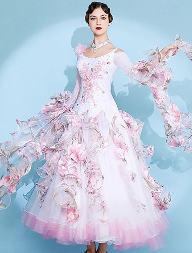  Elegant hvit rosa blomster ballroom dansekjole med strass-applikasjon og skulderløs vals tango moderne rumba konkurranseopptredenskjole for damer