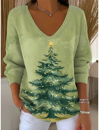  Dames Trui Stoppen Modieus Streetwear Casual Grafisch Kerstboom V-hals Extra groot Gebreid Lange mouw Normale tops breien Buiten Dagelijks Wit Blozend Roze Lente Herfst