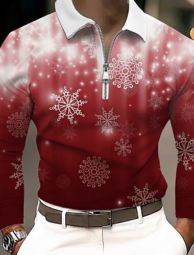  عيد الميلاد المجيد رجالي ندفة ثلجية بولو ستايل كم طويل طوي الحديث وقت الفراغ الرياضة & في الخارج كاجوال / يومي مهرجان سحاب طباعة ثلاثية الأبعاد الربيع الخريف الشتاء أزرق أحمر أخضر