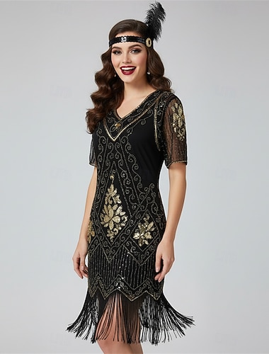  De livlige 20-årene 1920-tallet Knelengde Kjoler Flapper kjole Ballkjole Korte ermer Den store Gatsby Charleston Bryllupsgjest Paljetter Dusk V-hals Kostyme Dame Karneval Maskerade Karneval