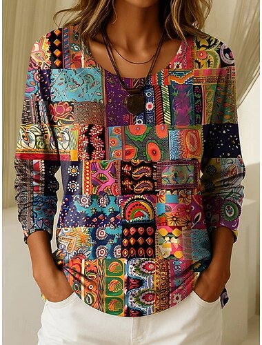  Women's T Shirt Graphic Geometric Plants Vintage Stylish Casual Long Sleeve Crew Neck Regular Tops Daily Weekend Print Blue Black Wine Purple Spring Fall Winter