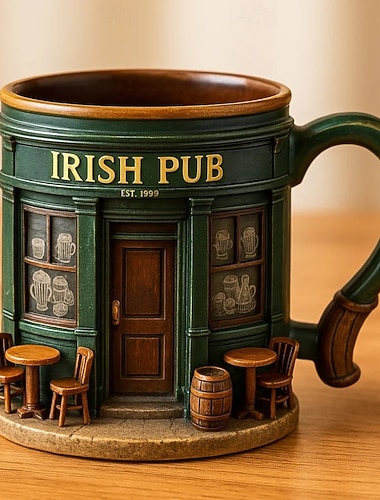  Irischer Pub-Kaffeebecher aus 3D-Kunstharz im St. Patrick's Day-Stil mit Kleeblatt-Motiv, grünes irisches Festival-Trinkgeschirr, Vintage-Kneipenbecher mit Koboldmotiv für die Hausbar, ideales