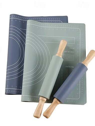  Knetmatte aus lebensmittelechtem Silikon, antihaftbeschichtet, Pizzabackblech, Teigverdicker, Nudelholz mit Holzgriff, 60 x 40 cm