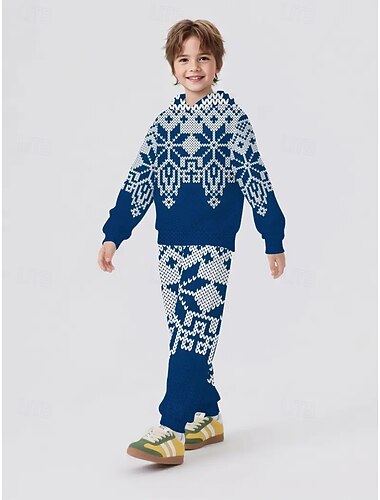  Navidad Chico 3D Graphic Copo Conjuntos navideños regalo de Navidad Conjunto de sudadera con capucha y pantalones deportivos Manga Larga Primavera Otoño Diario Básico Casual Niños 4 años + Con Capucha
