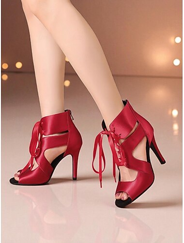  女性用サテンレースアップラテンダンスヒール - ダンサーのためのオープントゥのプロ仕様の社交ダンスパフォーマンスシューズ