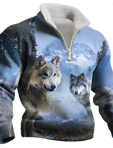  Voor heren dier Wolf Fleece Sweatshirt Modieus Casual 3D Opstaand Kwart ritssluiting Buiten Vakantie Lahja Streetwear blauw Blauw 1 Blauw 3# Blauw 2# Halve rits Herfst Winter Ontwerper S M L XL XXL