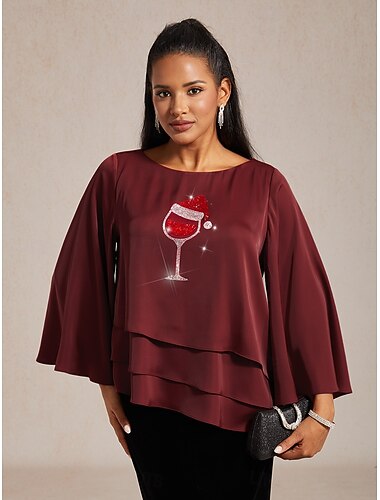  חג המולד בגדי ריקוד נשים חולצת סאטן חולצה כוס יין אלגנטית שרוול 4\3 פעמון צווארון עגול קצר חולצות רגילות בגדי ערב למסיבה ליציאה ריינסטון יין קיץ אביב סתיו חורף